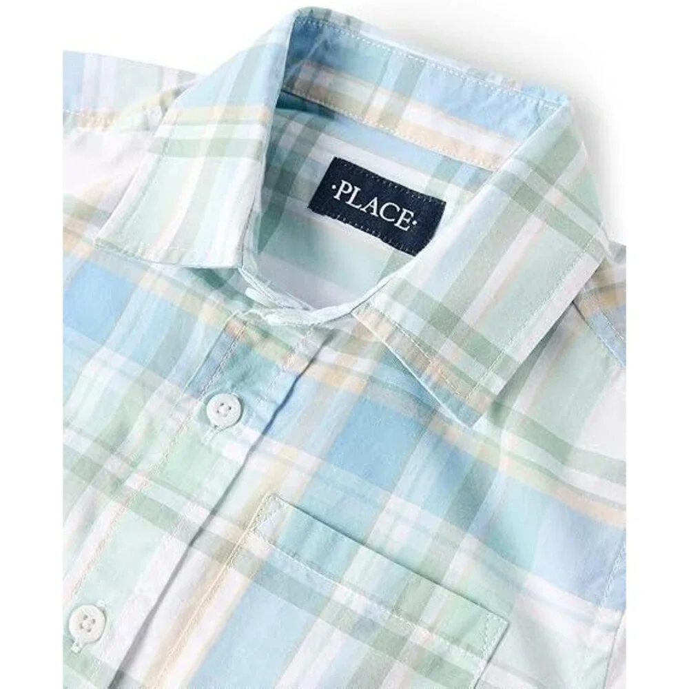 The Children's Place Boys Button Up Shirt MEDIUM 7-8 Short Sleeve Plaid